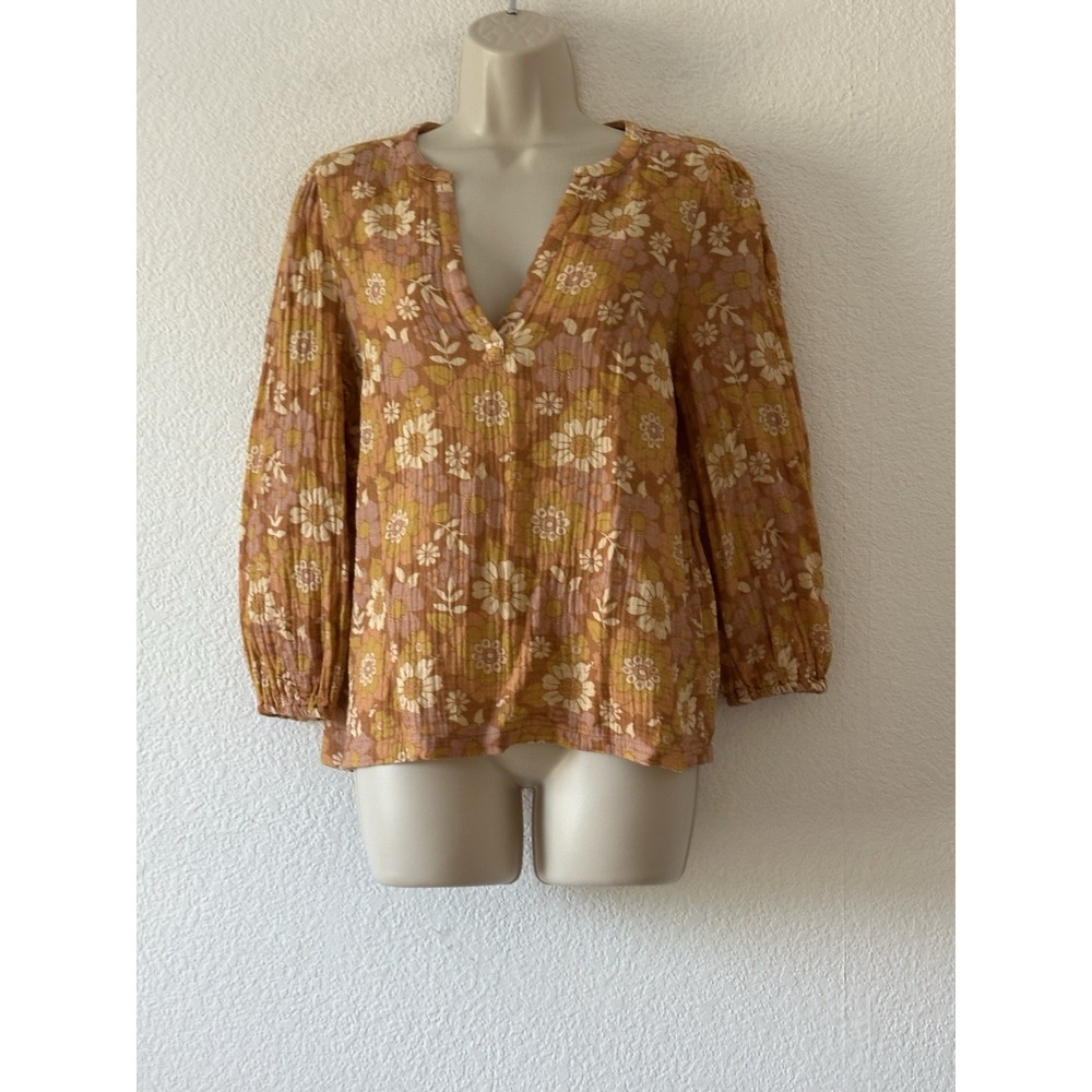 Marine Layer Jamie Banded Collar Top Cotton Gauze Sustainable Small Brown Floral